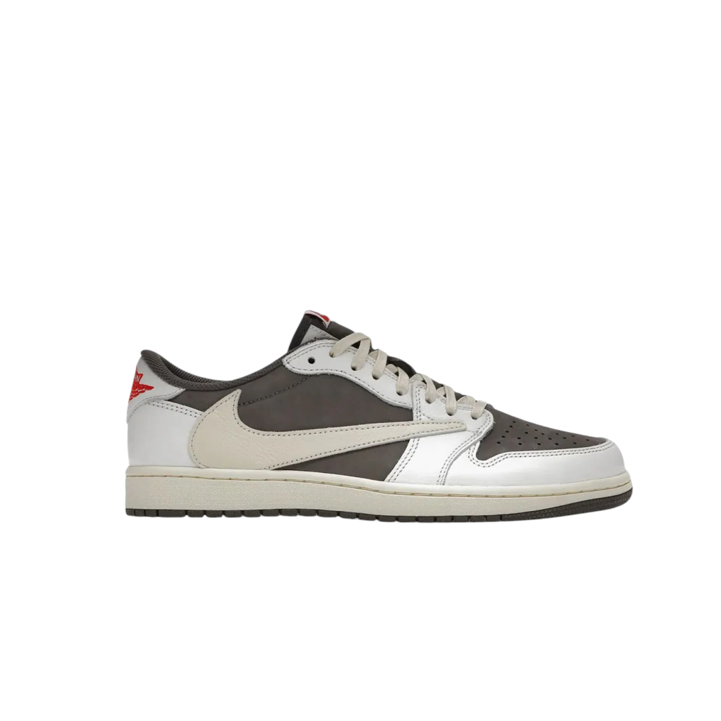 JeevzPlug Nike Air Jordan 1 Low Travis Scott Reverse Mocha sneaker with brown suede, ivory leather, and reverse Swoosh.