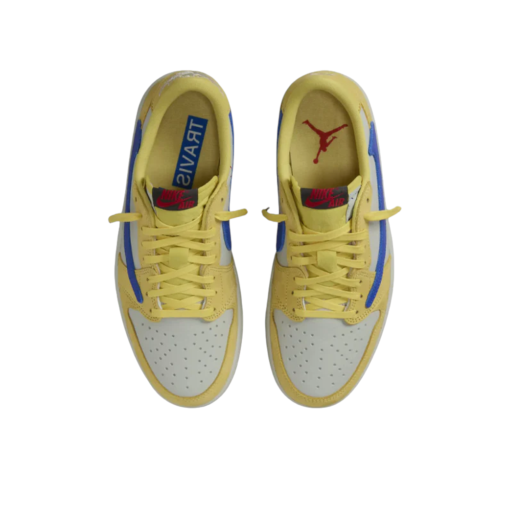 JeevzPlug Nike Air Jordan 1 Low Travis Scott Canary sneakers in yellow, racer blue, and light silver with reverse Swoosh