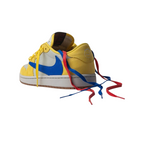 JeevzPlug Nike Air Jordan 1 Low Travis Scott Canary sneaker with reverse blue Swoosh and red and blue laces