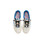 JeevzPlug Air Jordan 1 Retro Low OG SP Travis Scott Fragment sneakers in sail, military blue, and black leather.