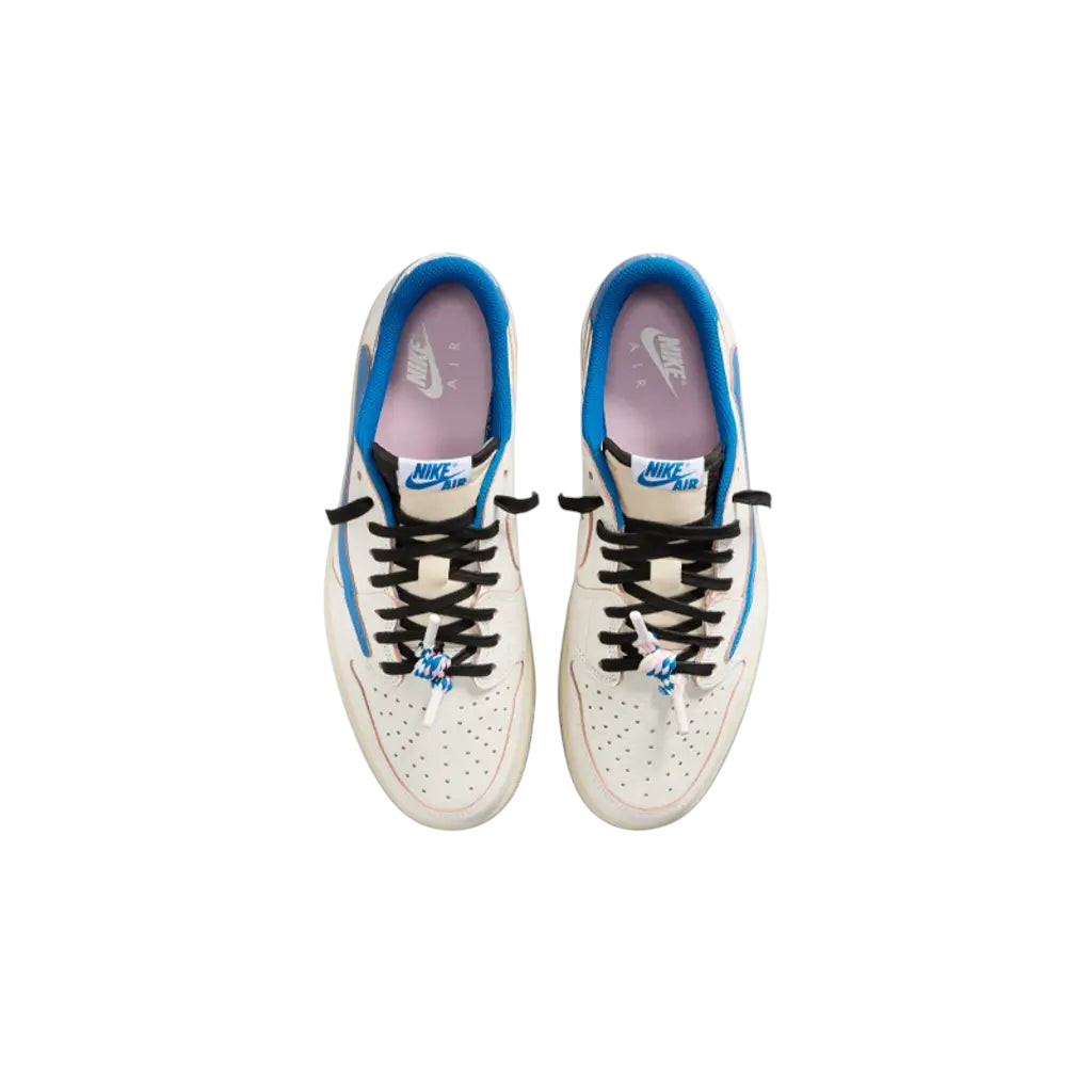JeevzPlug Air Jordan 1 Retro Low OG SP Travis Scott Fragment sneakers in sail, military blue, and black leather.
