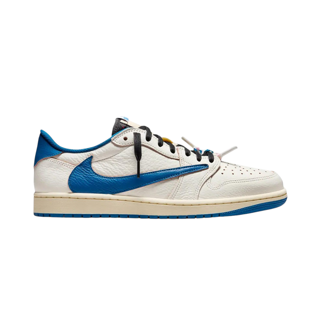 JeevzPlug Air Jordan 1 Low Travis Scott Fragment sneaker in sail, military blue, and black with reverse swoosh