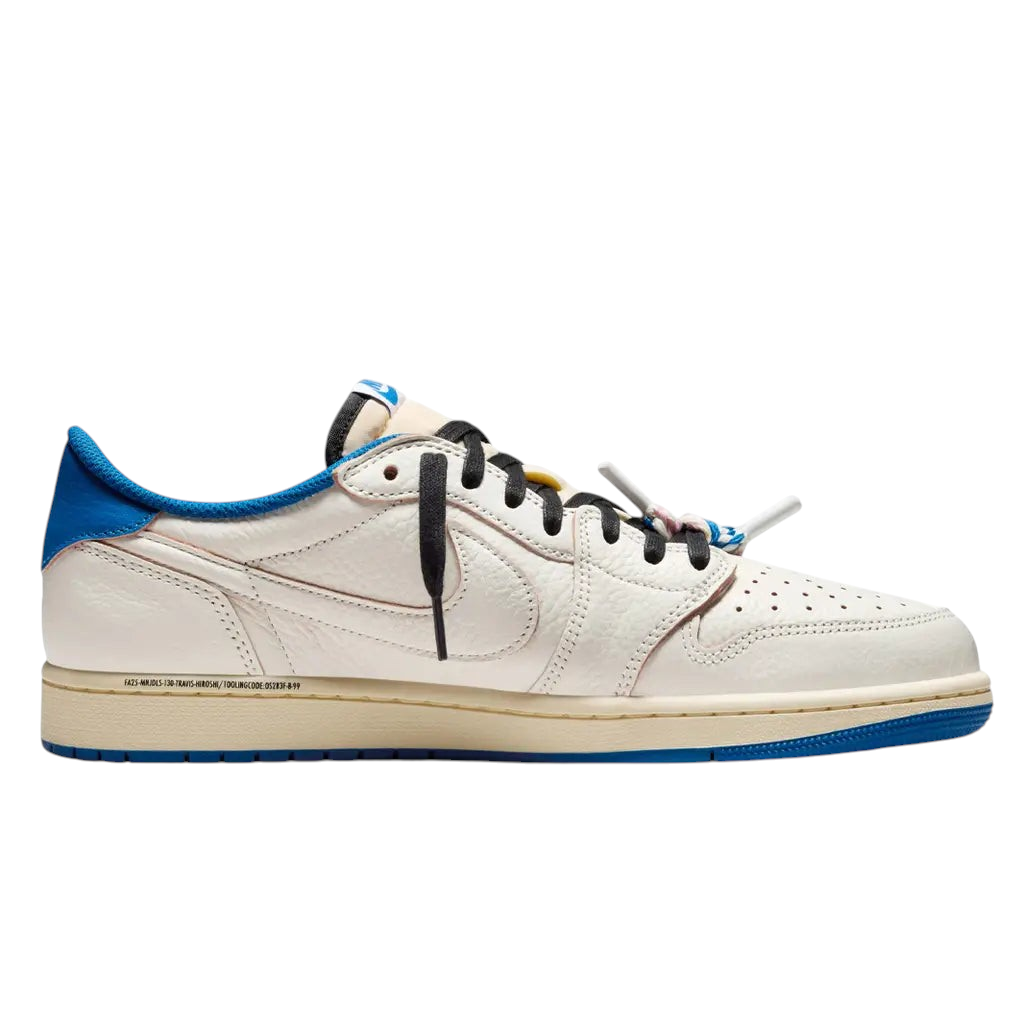 JeevzPlug Air Jordan 1 Low Travis Scott Fragment sneaker in sail leather with military blue accents and reverse swoosh