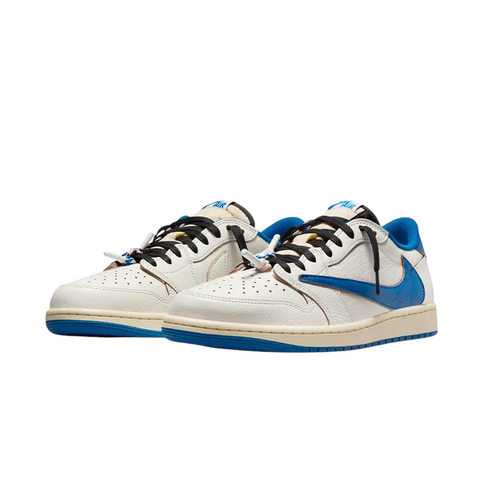 JeevzPlug Air Jordan 1 Low Travis Scott Fragment sneakers in sail, military blue, and black leather with reverse Swoosh.
