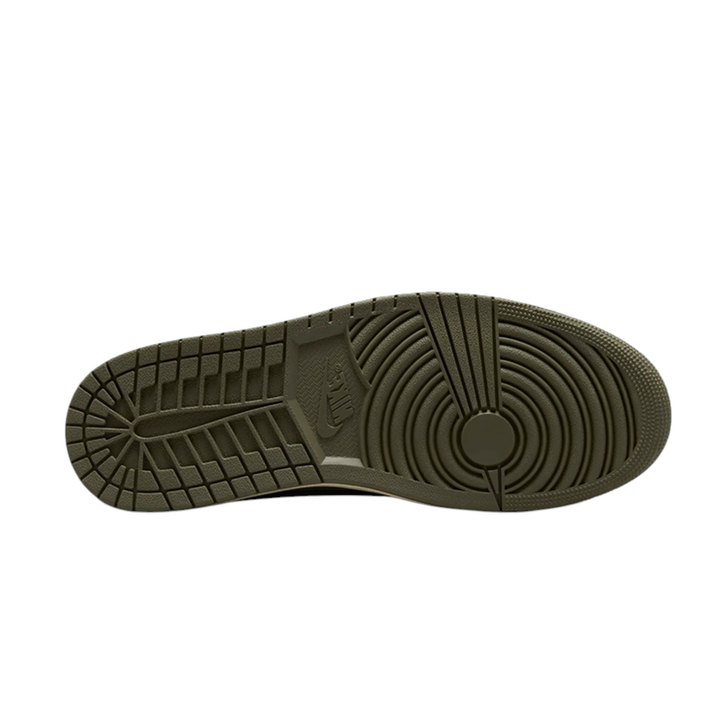 JeevzPlug Nike Air Jordan 1 Travis Scott Medium Olive sneaker showing the durable green rubber traction outsole