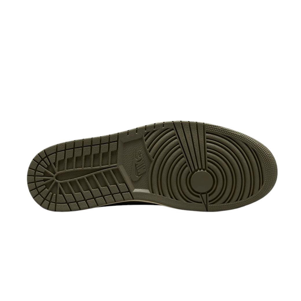 JeevzPlug Nike Air Jordan 1 Travis Scott Medium Olive sneaker showing the durable green rubber traction outsole