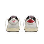 JeevzPlug Nike Air Jordan 1 Low Reverse Mocha sneakers showing rear heel view with Cactus Jack and Wings logo embroidery.