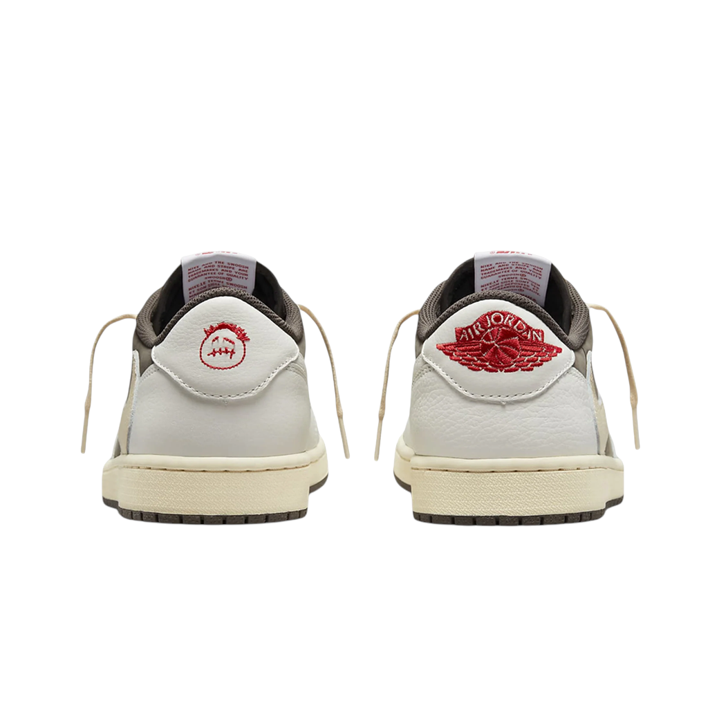 JeevzPlug Nike Air Jordan 1 Low Reverse Mocha sneakers showing rear heel view with Cactus Jack and Wings logo embroidery.