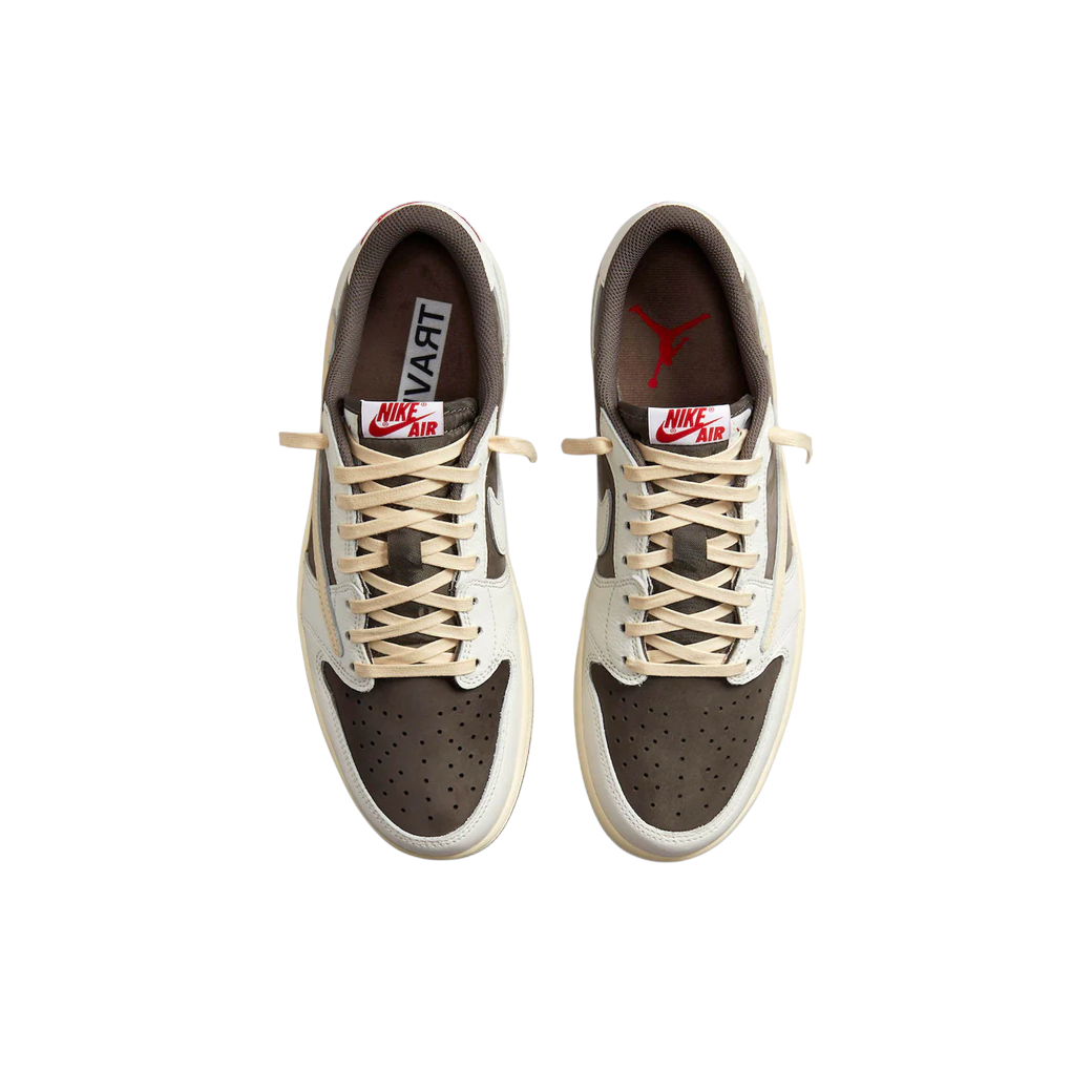 JeevzPlug Nike Air Jordan 1 Low Reverse Mocha sneakers with brown suede, ivory leather, and cream reverse Swoosh.