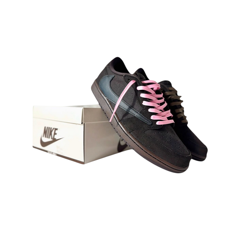 JeevzPlug Nike Air Jordan 1 x Travis Scott Low in velvet brown and mocha with a reverse swoosh and pink laces.