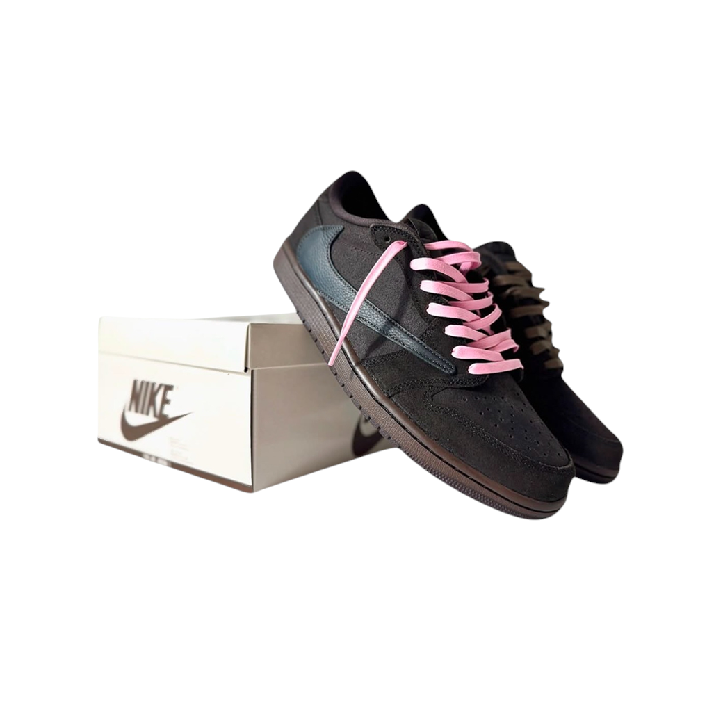 JeevzPlug Nike Air Jordan 1 x Travis Scott Low in velvet brown and mocha with a reverse swoosh and pink laces.