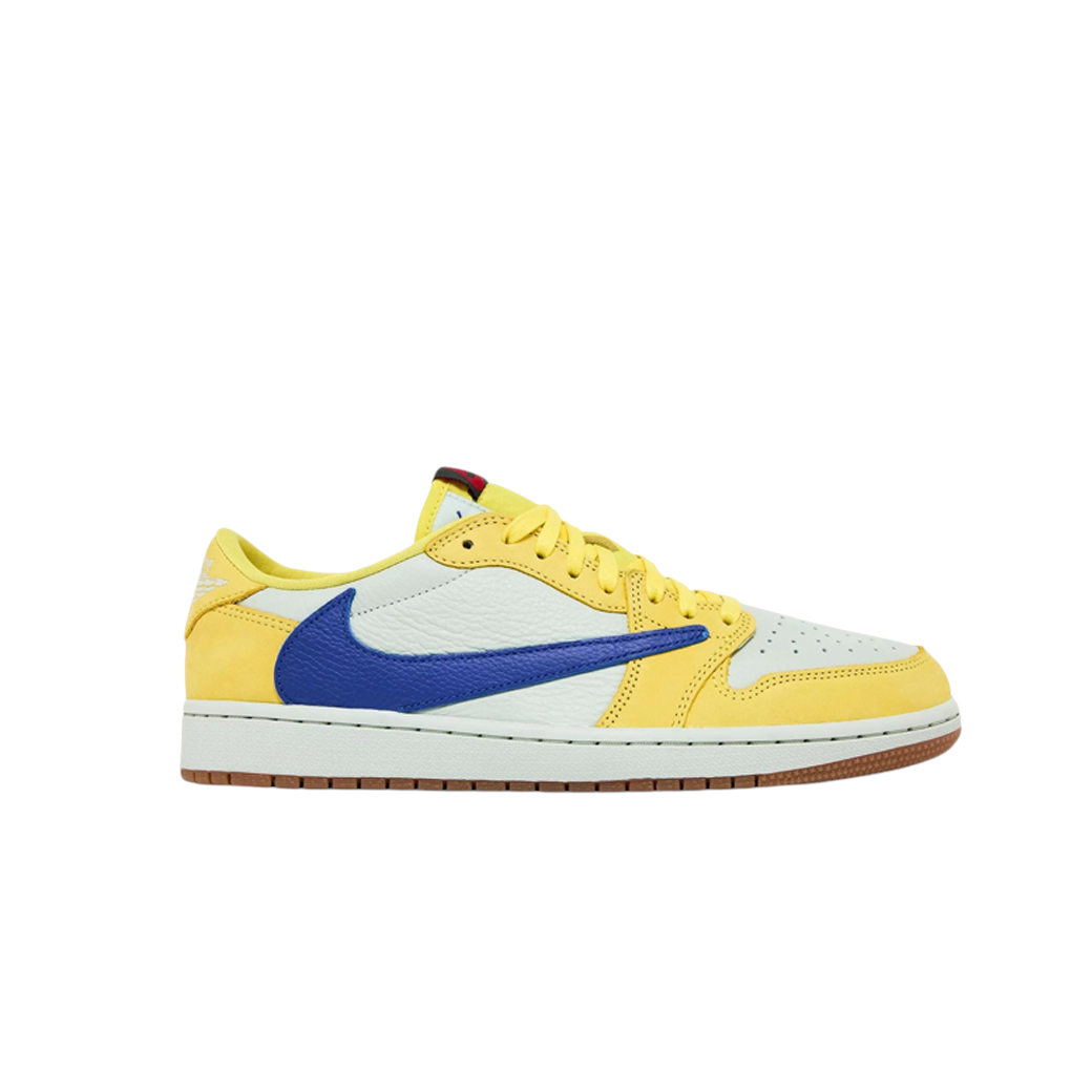 JeevzPlug Nike Air Jordan 1 Low Travis Scott Canary sneaker in yellow, white, and racer blue with reverse swoosh