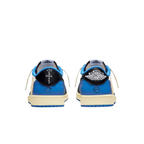 JeevzPlug Nike Air Jordan 1 Low Travis Scott Fragment sneakers showing rear heel branding and blue leather details