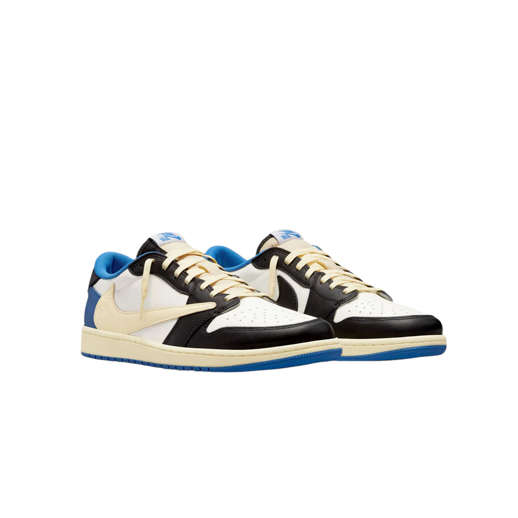 JeevzPlug Nike Air Jordan 1 Low Travis Scott Fragment sneaker in sail, military blue, and black leather.