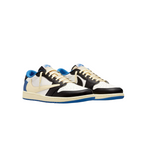 JeevzPlug Nike Air Jordan 1 Low Travis Scott Fragment sneaker in sail, military blue, and black leather.