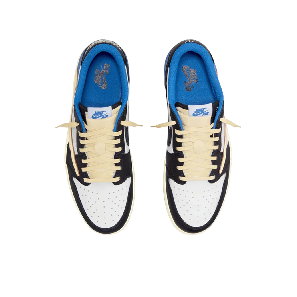 JeevzPlug Nike Air Jordan 1 Low Travis Scott Fragment sneakers in sail, military blue, and black leather, top view.