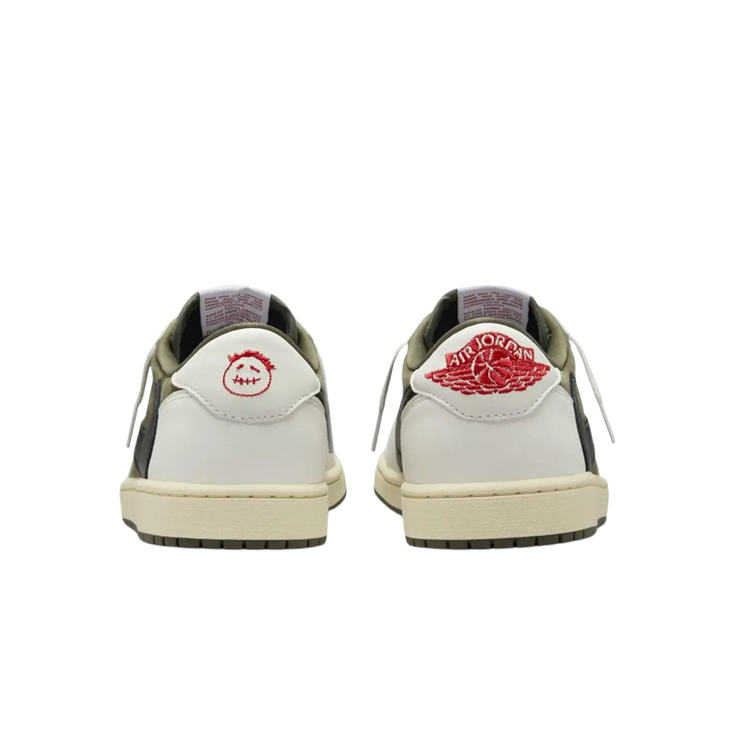 JeevzPlug Nike Air Jordan 1 Travis Scott Low Medium Olive sneakers showing back heel logos and white leather panels