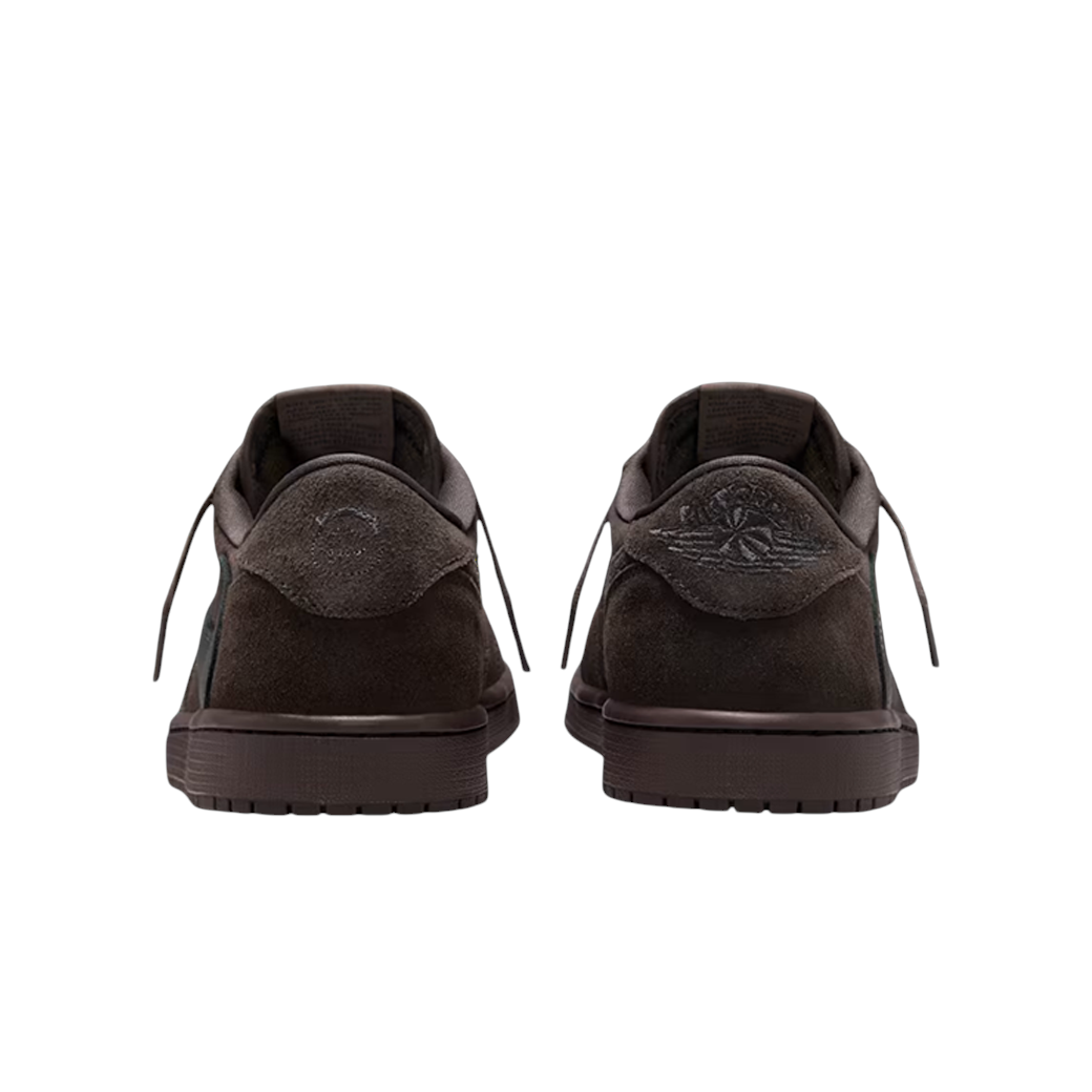 Back view of JeevzPlug Nike Air Jordan 1 x Travis Scott Low OG SP Velvet Brown sneakers in dark mocha suede