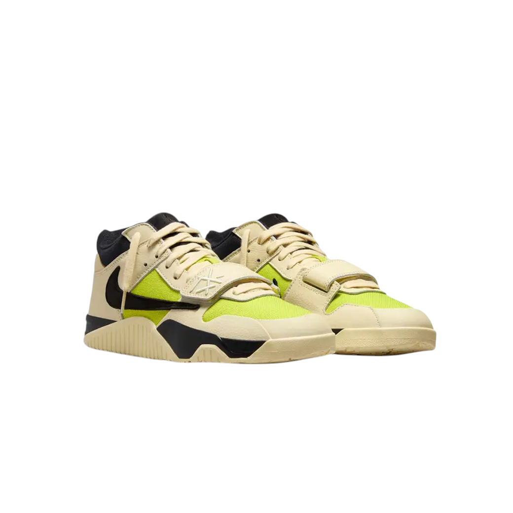 JeevzPlug Jordan Jumpman Jack TR sneakers in bright cactus green and muslin leather with a black reverse Swoosh.