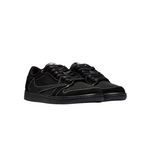 JeevzPlug Nike Air Jordan 1 Low Travis Scott Black Phantom sneakers in black nubuck with white contrast stitching.