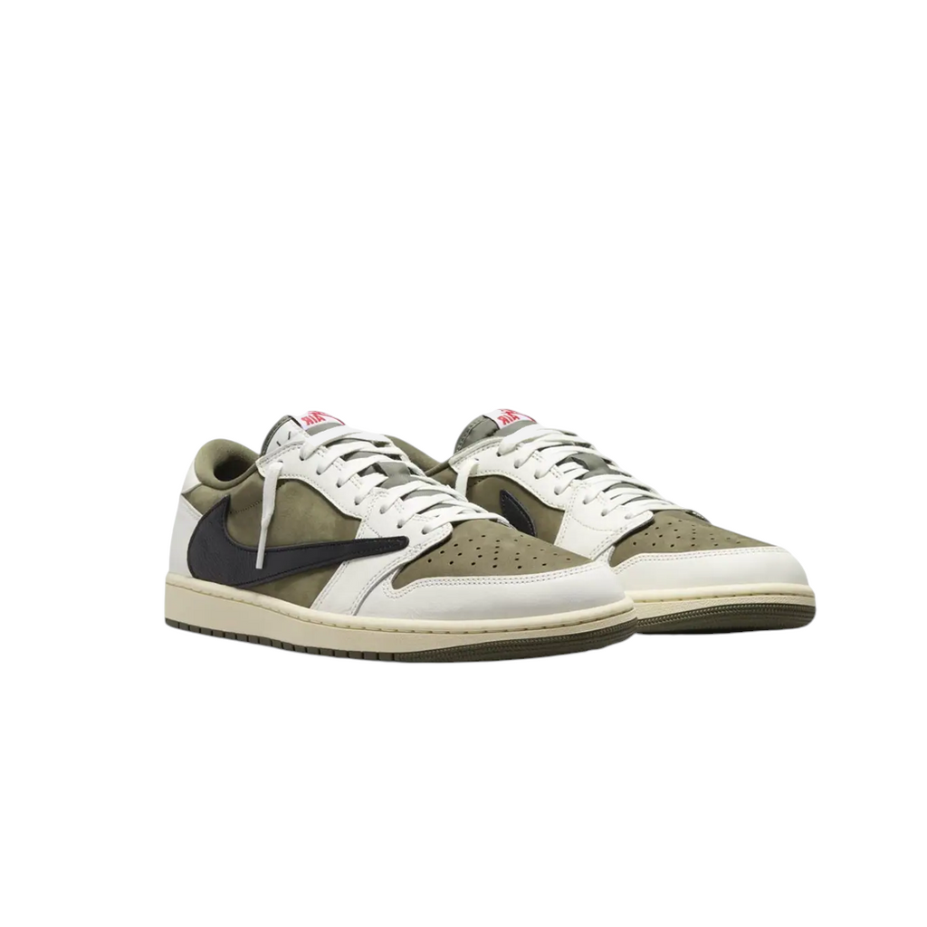 JeevzPlug Nike Air Jordan 1 Low Travis Scott Medium Olive sneakers featuring a reverse black Swoosh and suede upper.