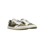 JeevzPlug Nike Air Jordan 1 Low Travis Scott Medium Olive sneakers featuring a reverse black Swoosh and suede upper.