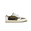 JeevzPlug Nike Air Jordan 1 Low Travis Scott Medium Olive sneaker with signature reverse black Swoosh and suede upper