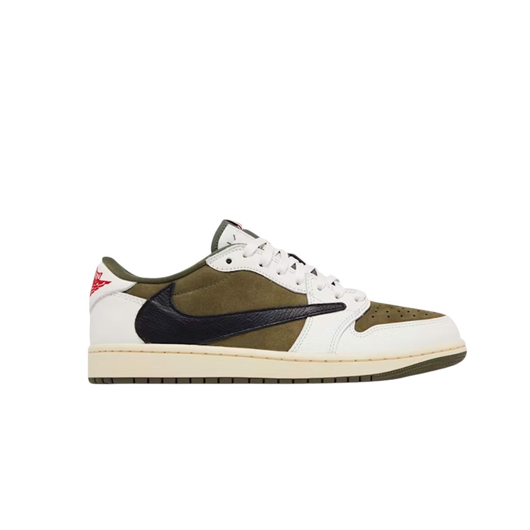 JeevzPlug Nike Air Jordan 1 Low Travis Scott Medium Olive sneaker with signature reverse black Swoosh and suede upper