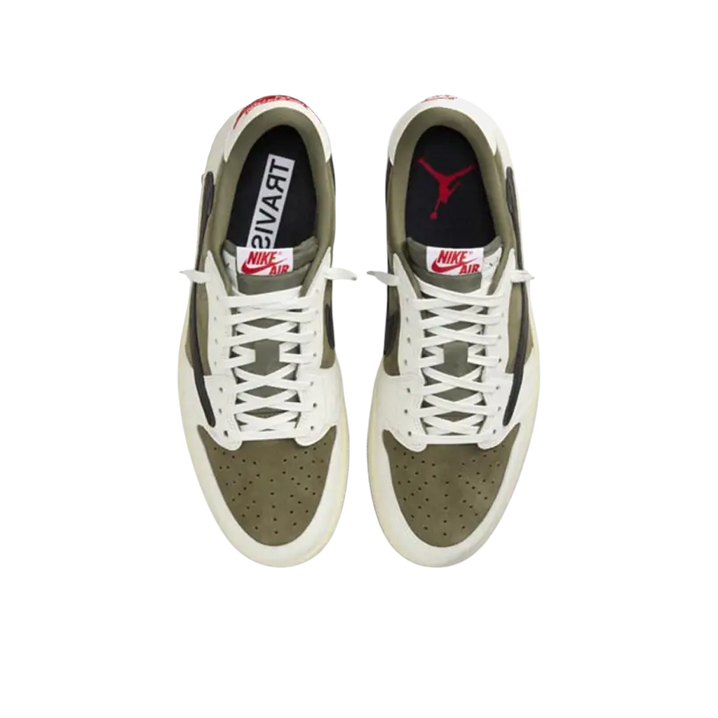 JeevzPlug Nike Air Jordan 1 x Travis Scott Low OG SP in medium olive suede with reverse black Swoosh and white laces