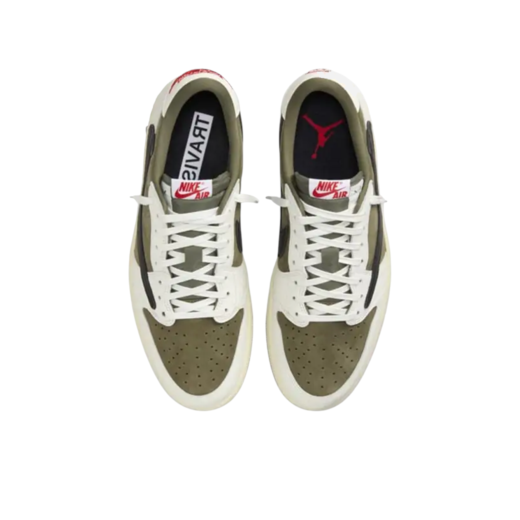 JeevzPlug Nike Air Jordan 1 x Travis Scott Low OG SP in medium olive suede with reverse black Swoosh and white laces