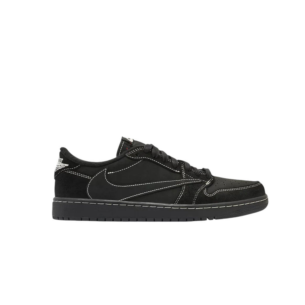 JeevzPlug Nike Air Jordan 1 Low Travis Scott Black Phantom sneaker with black nubuck upper and white contrast stitching.