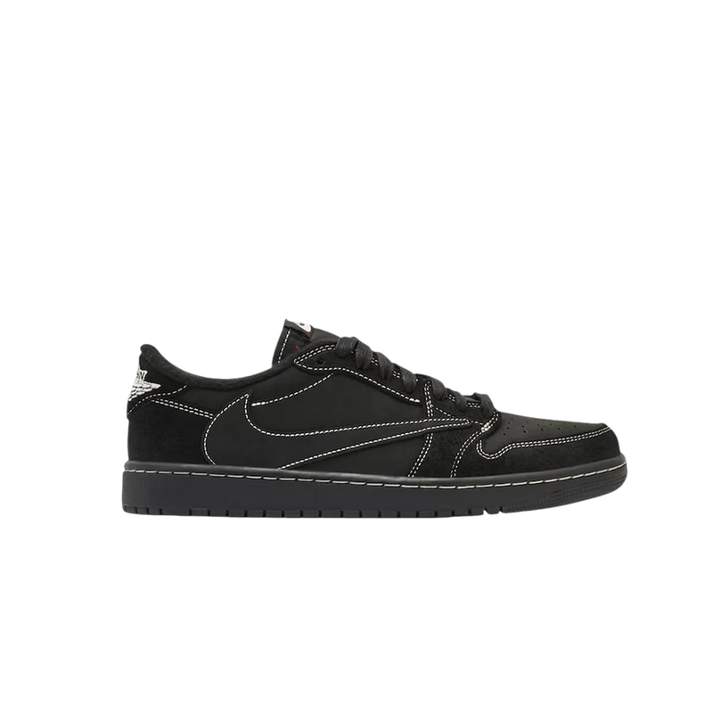 JeevzPlug Nike Air Jordan 1 Low Travis Scott Black Phantom sneaker with black nubuck upper and white contrast stitching.