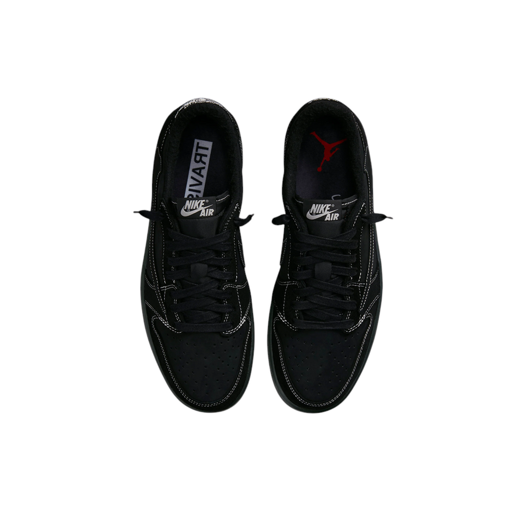 JeevzPlug Nike Air Jordan 1 Low Travis Scott Black Phantom sneakers with black nubuck and white contrast stitching.
