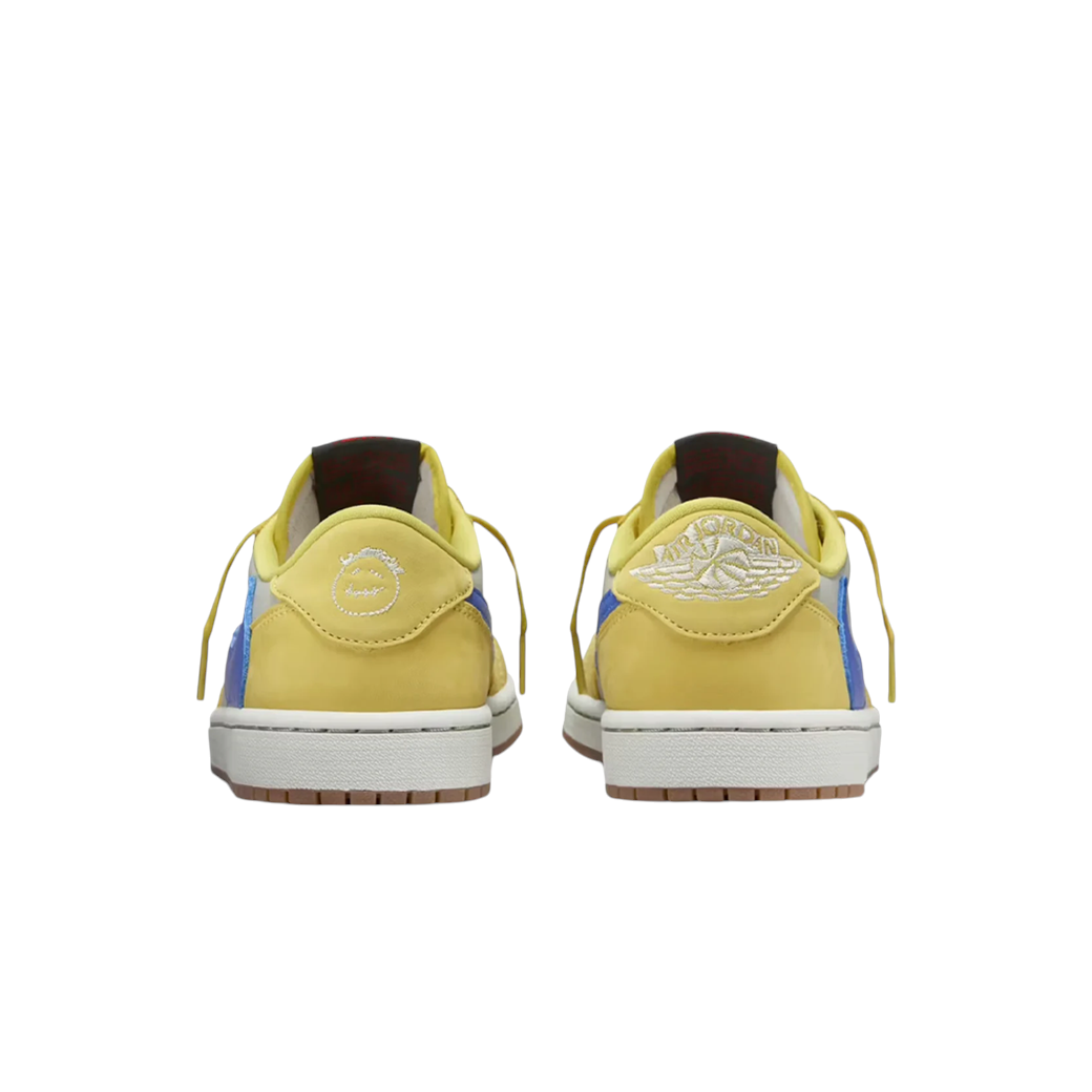 JeevzPlug Nike Air Jordan 1 Low Travis Scott Canary sneakers showing rear view with embroidered logos and gum outsoles