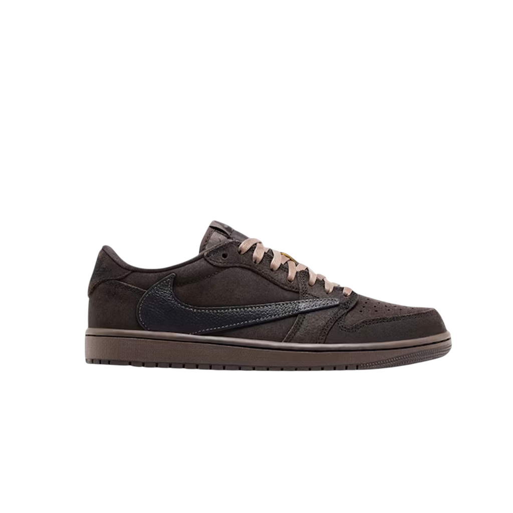 JeevzPlug Nike Air Jordan 1 x Travis Scott Low OG SP in velvet brown and black with signature reverse Swoosh
