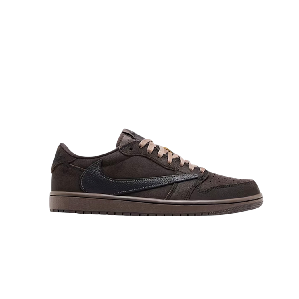 JeevzPlug Nike Air Jordan 1 x Travis Scott Low OG SP in velvet brown and black with signature reverse Swoosh
