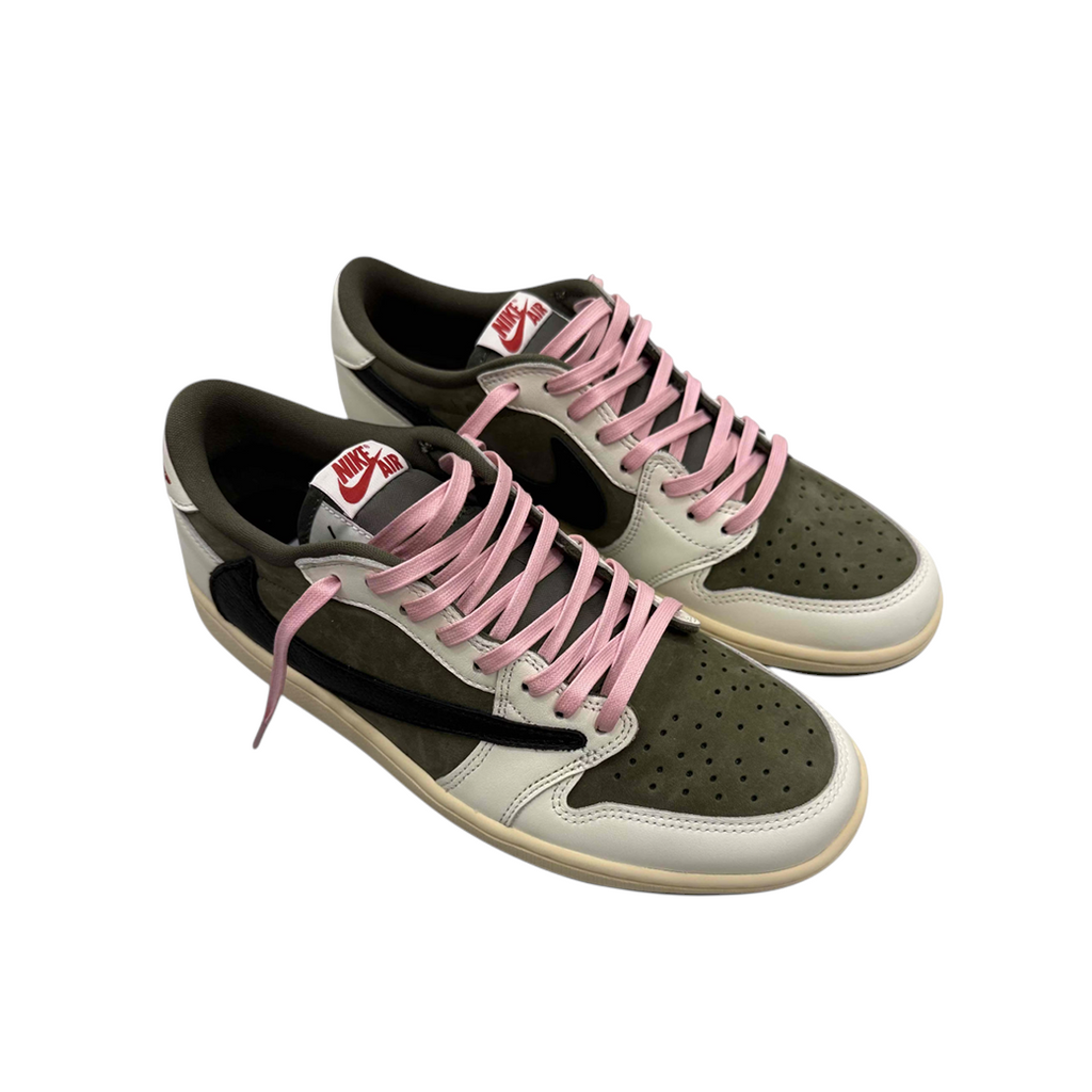 JeevzPlug Nike Air Jordan 1 Low Travis Scott Medium Olive sneakers with suede upper, reverse Swoosh, and pink laces.