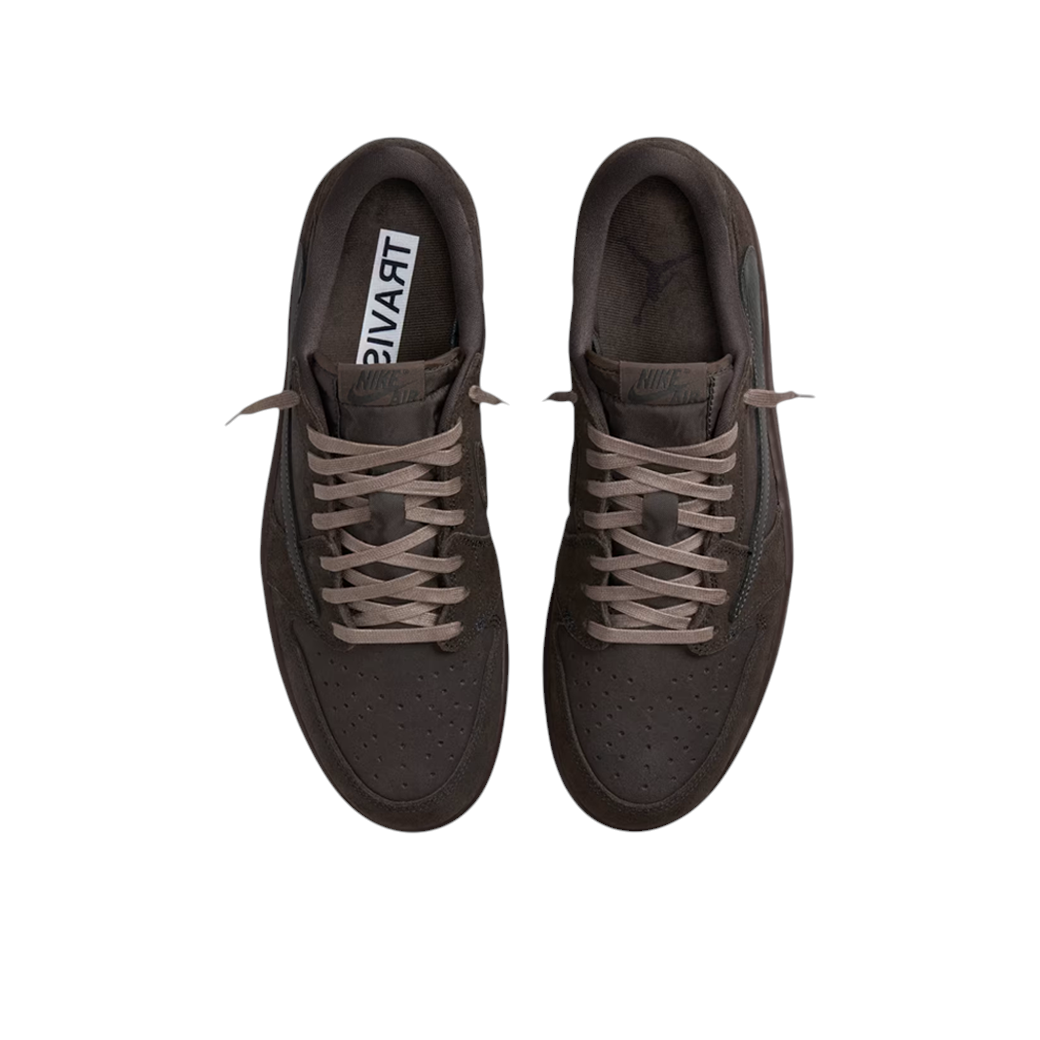 JeevzPlug Nike Air Jordan 1 x Travis Scott Low OG SP Velvet Brown sneakers in dark mocha and brown velvet and leather.