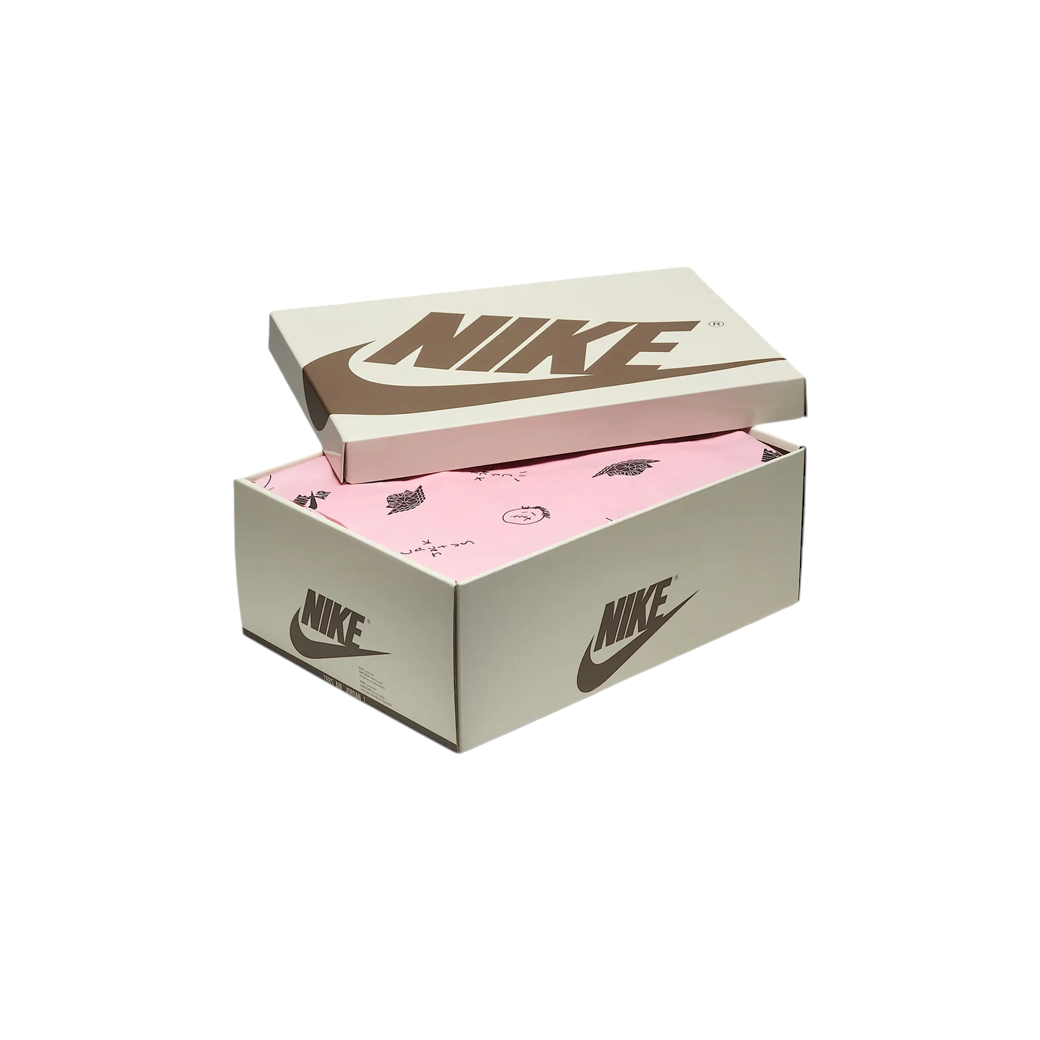 JeevzPlug Nike Air Jordan 1 Travis Scott Canary sneaker box with branded tissue paper and brown Nike logo