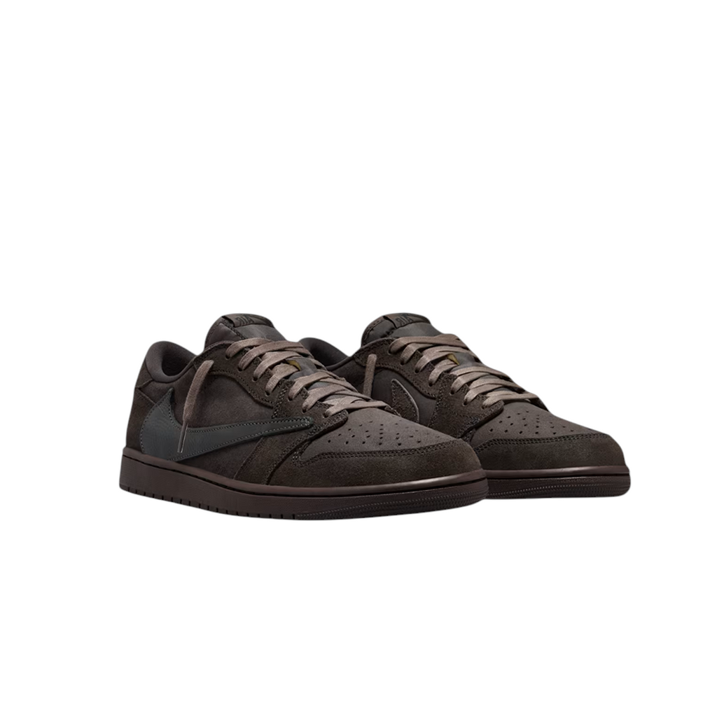 JeevzPlug Nike Air Jordan 1 x Travis Scott Low OG SP in dark mocha and velvet brown with signature reverse Swoosh