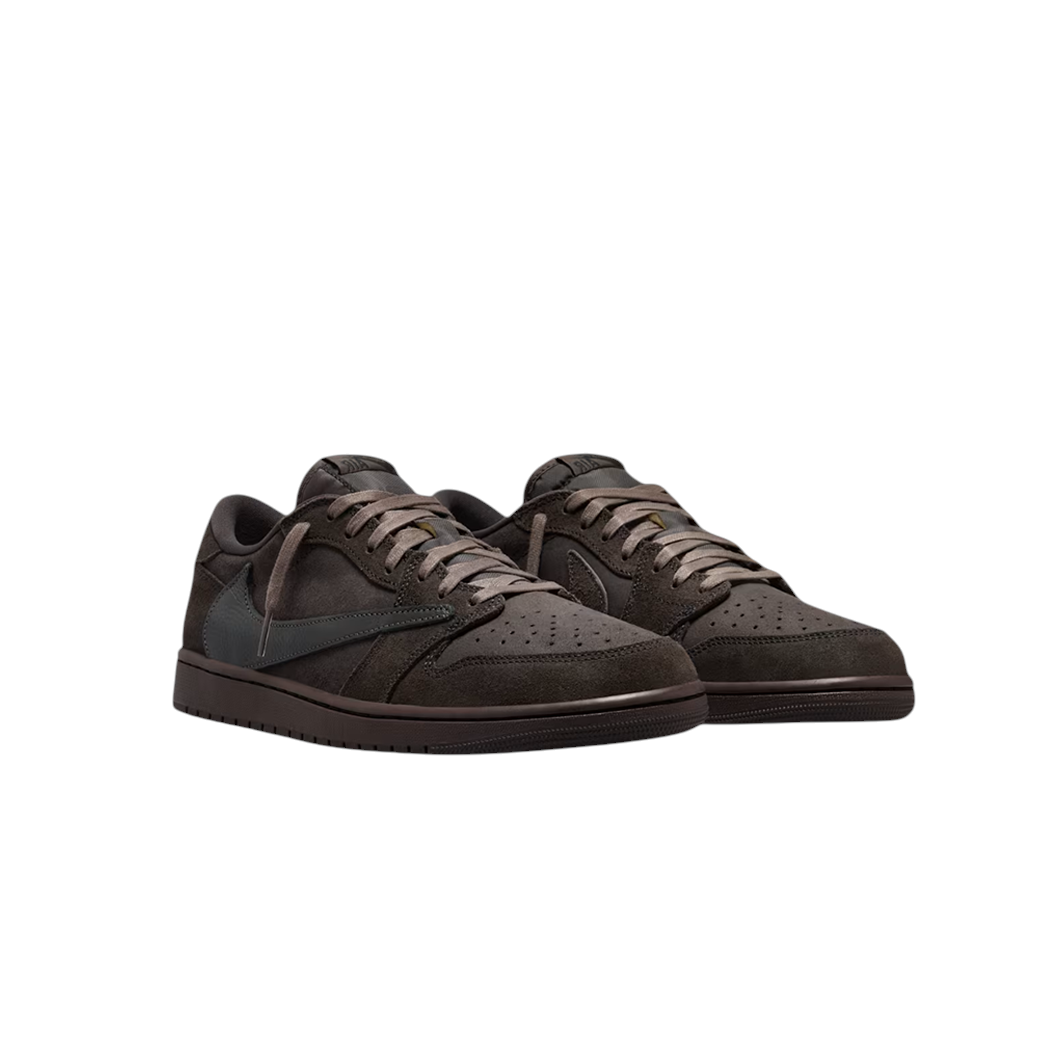 JeevzPlug Nike Air Jordan 1 x Travis Scott Low OG SP in dark mocha and velvet brown with signature reverse Swoosh