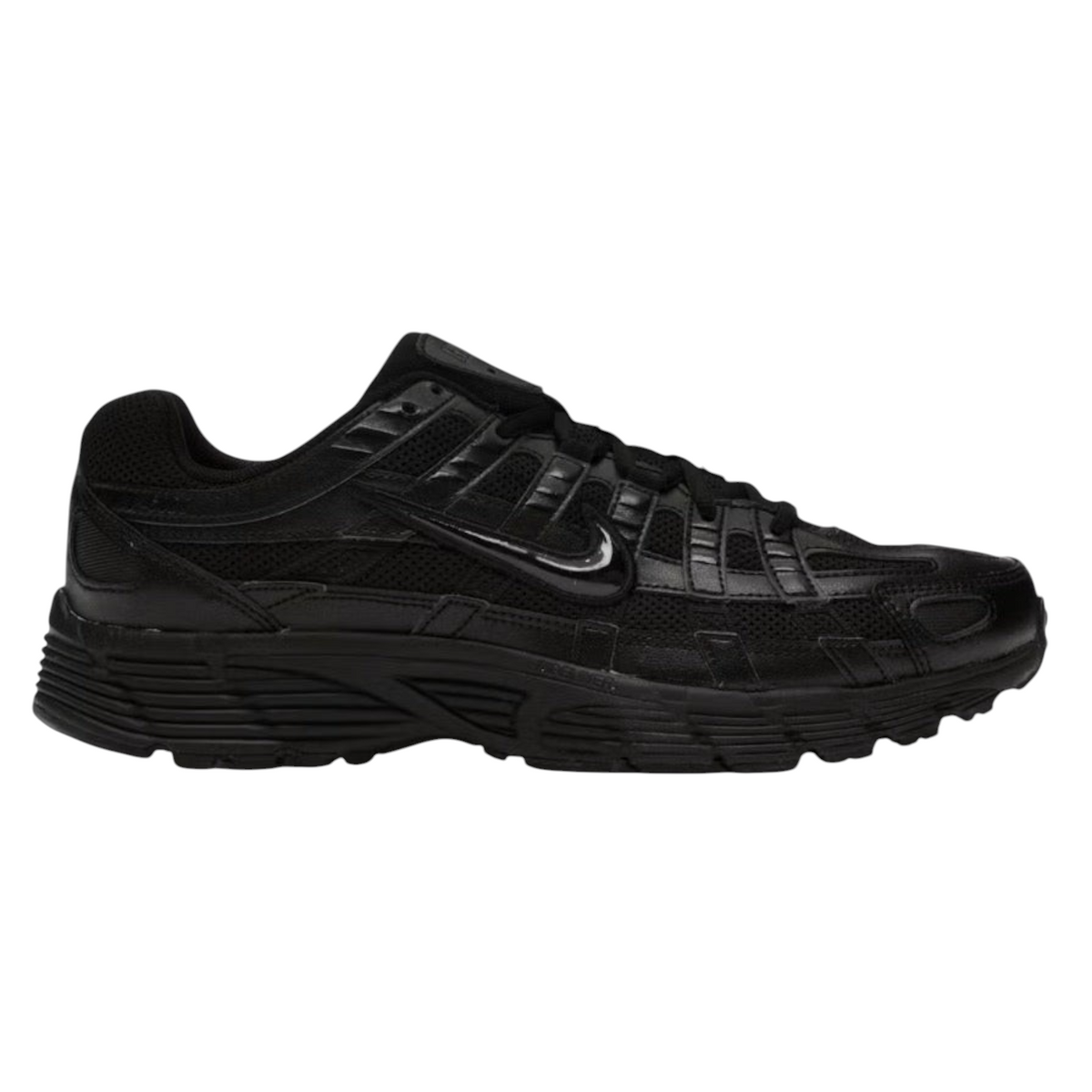 JeevzPlug Nike P-6000 sneaker in all-black with mesh and leather overlays, side profile view.