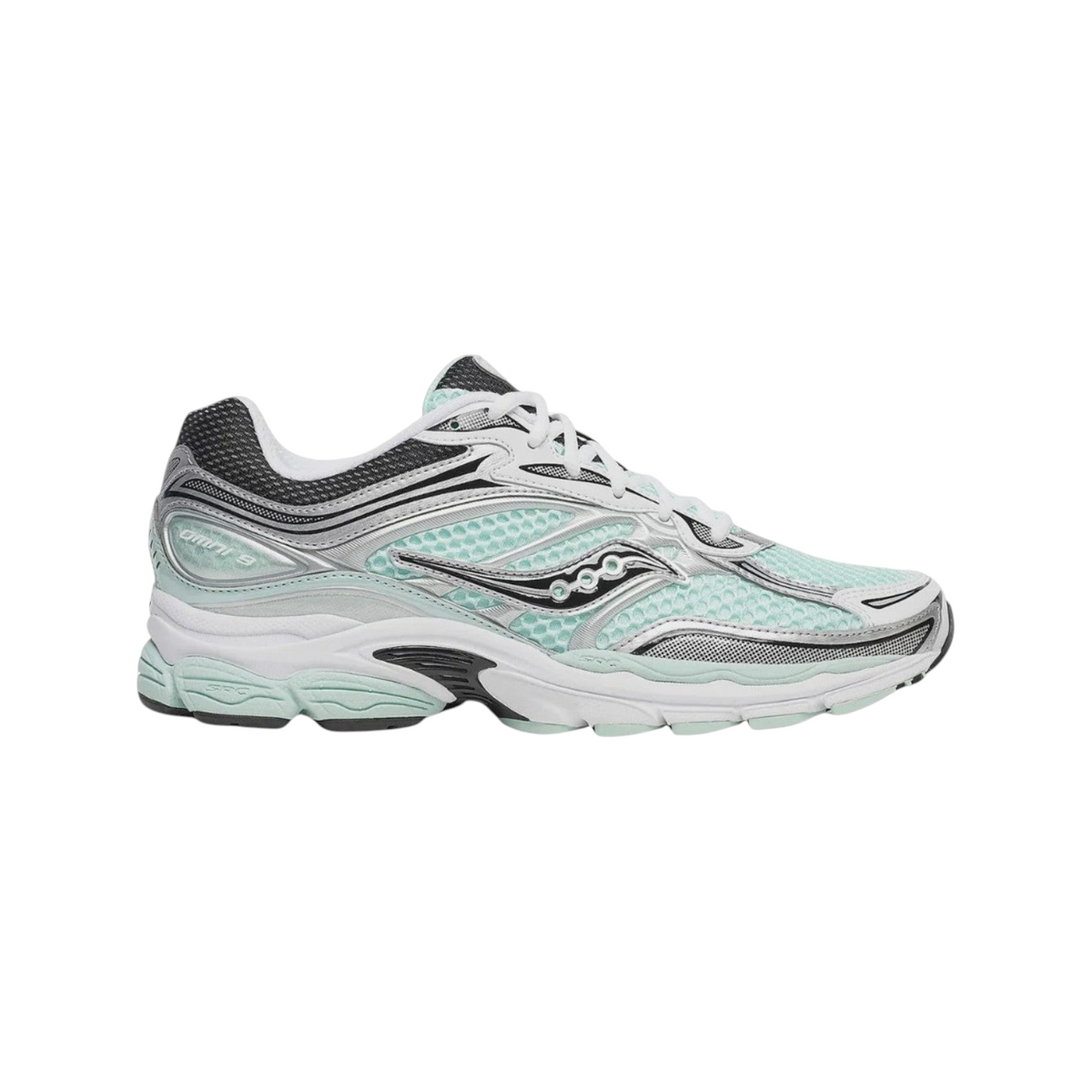 JeevzPlug Saucony ProGrid Omni 9 sneaker in fair aqua, white, and black with mesh and metallic silver overlays