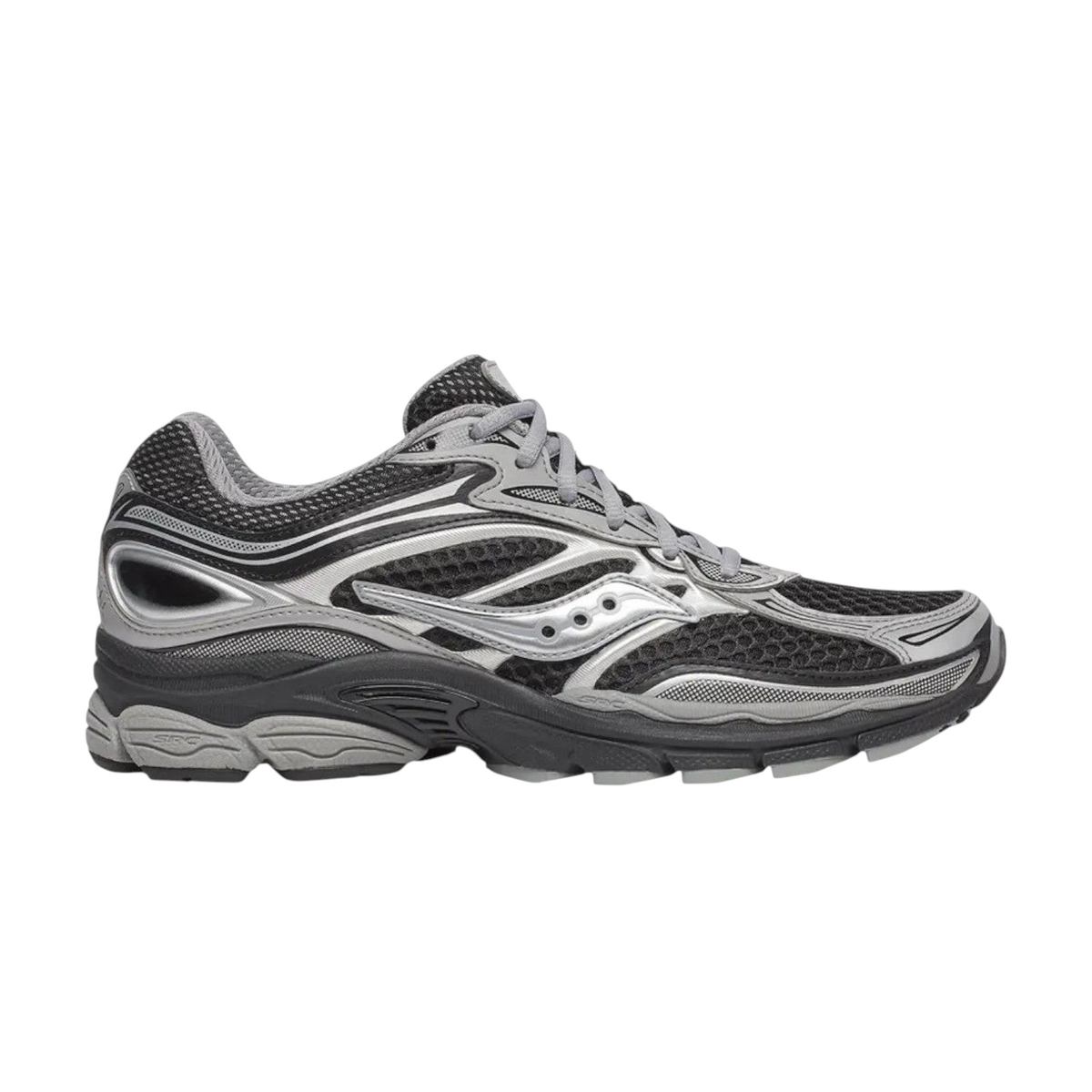 JeevzPlug Saucony Progrid Omni 9 sneaker in black and silver with breathable mesh and synthetic overlays