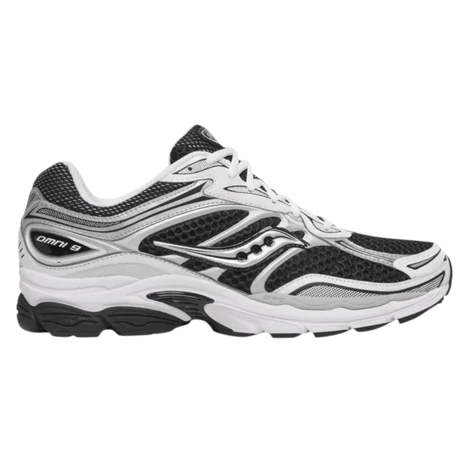 JeevzPlug Saucony Progrid Omni 9 running shoe in black and white with mesh upper and supportive midsole