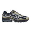JeevzPlug Saucony Progrid Omni 9 running shoe in blue and brass with mesh and synthetic overlays, side profile view.