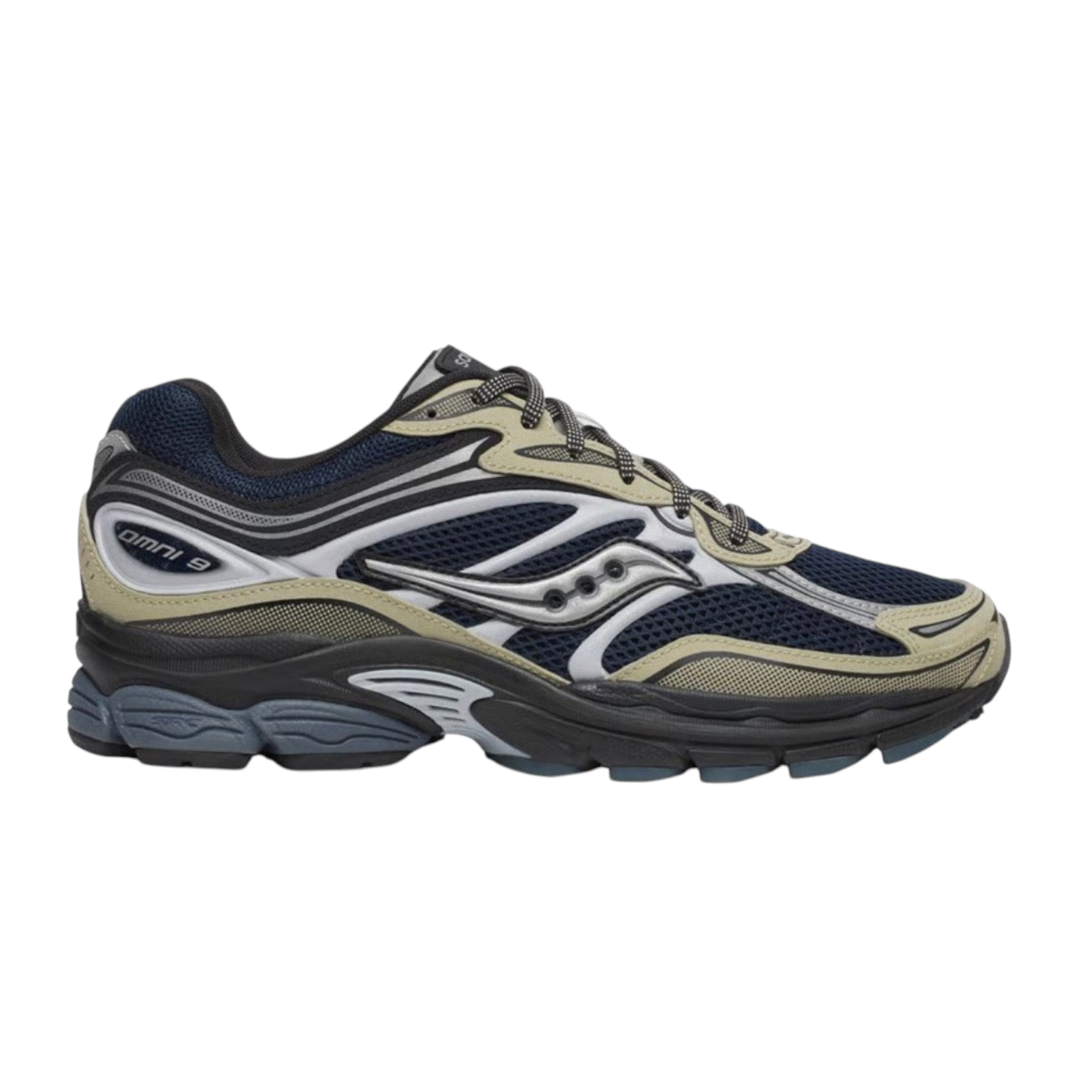 JeevzPlug Saucony Progrid Omni 9 running shoe in blue and brass with mesh and synthetic overlays, side profile view.