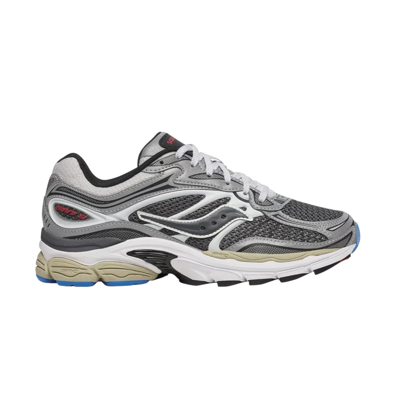 JeevzPlug Saucony Progrid Omni 9 sneaker in grey and silver metallic with mesh upper and cushioned rubber sole