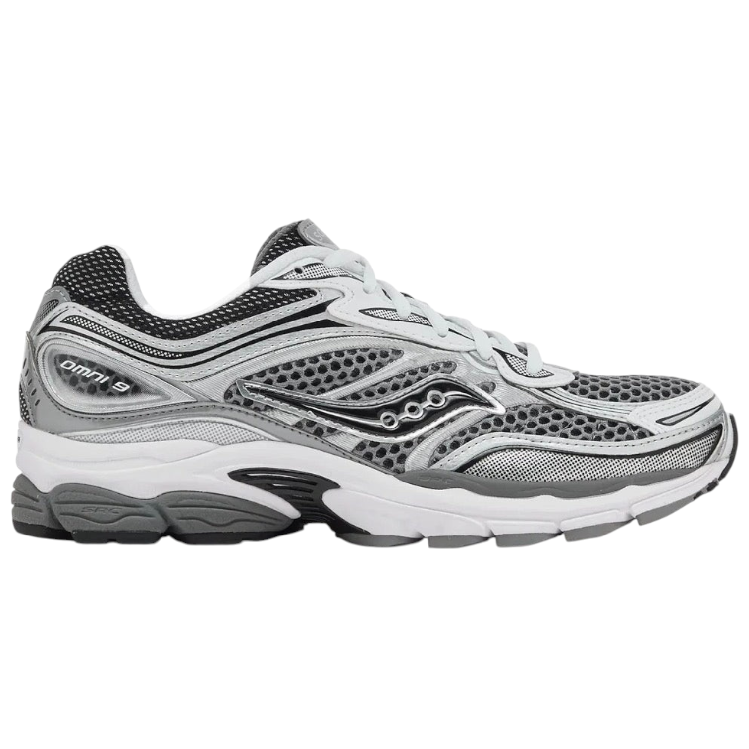 JeevzPlug Saucony Progrid Omni 9 running shoe in grey and silver with mesh upper and side logo detail