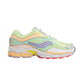 JeevzPlug Saucony ProGrid Omni 9 sneaker in lime mesh with orchid, aqua, and orange synthetic overlays.